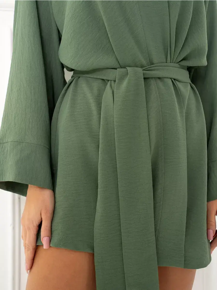 Olive Suit Set by Lauven, showcasing the elegant oversized two-piece set with a belted look in soft green.