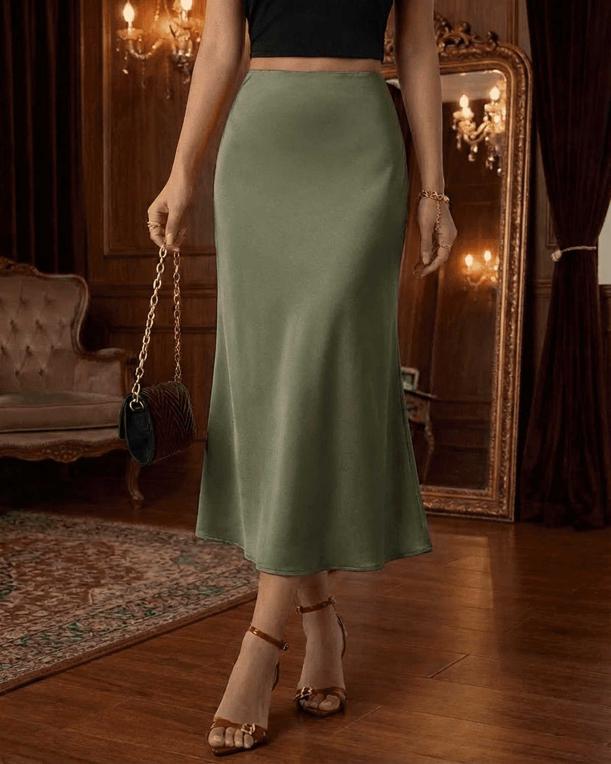 Olivia Midi Skirt by Lauven in olive green satin, showcasing a flattering mermaid silhouette and elegant design.