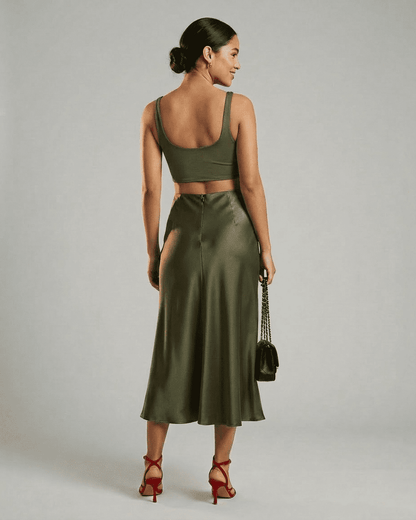 Olivia Midi Skirt from Lauven, elegant satin mermaid midi skirt in olive green, showcasing a flattering silhouette.