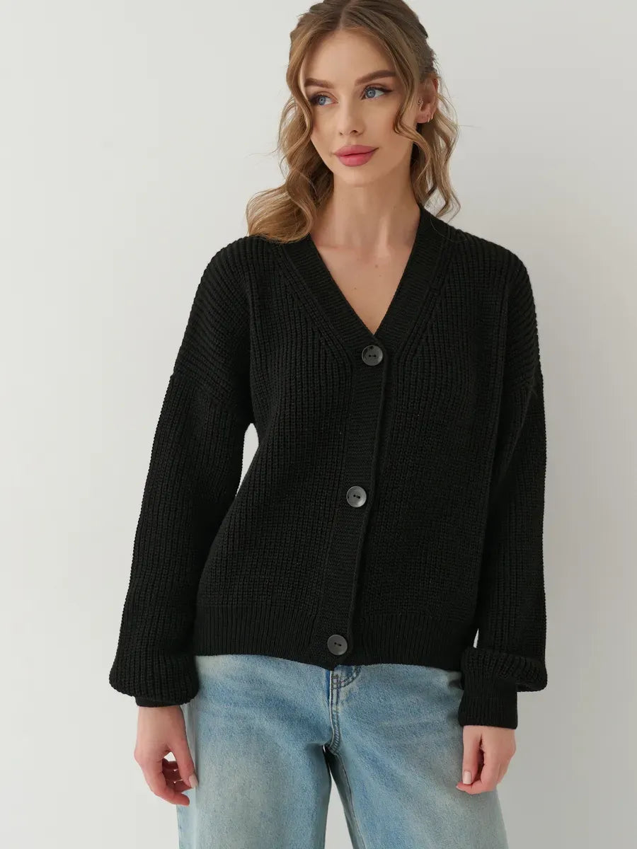 Onyx Cardigan by Lauven - Oversized black knitwear with button-front design, perfect for stylish and cozy outfits.