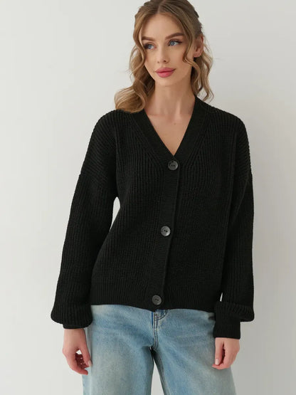 Onyx Cardigan by Lauven - Oversized black knitwear with button-front design, perfect for stylish and cozy outfits.