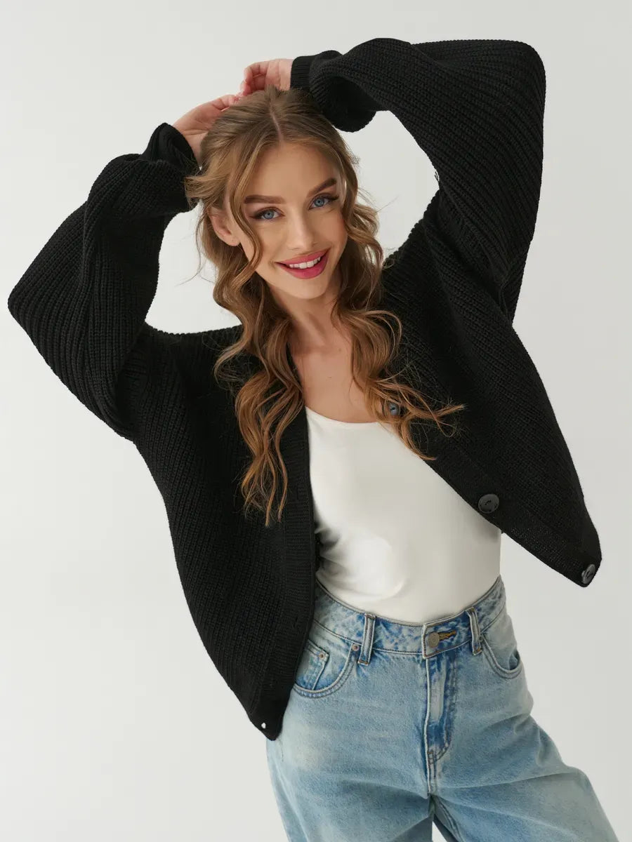 Onyx Cardigan by Lauven – Chic oversized black knitwear for women, featuring a button-front design and cozy style.