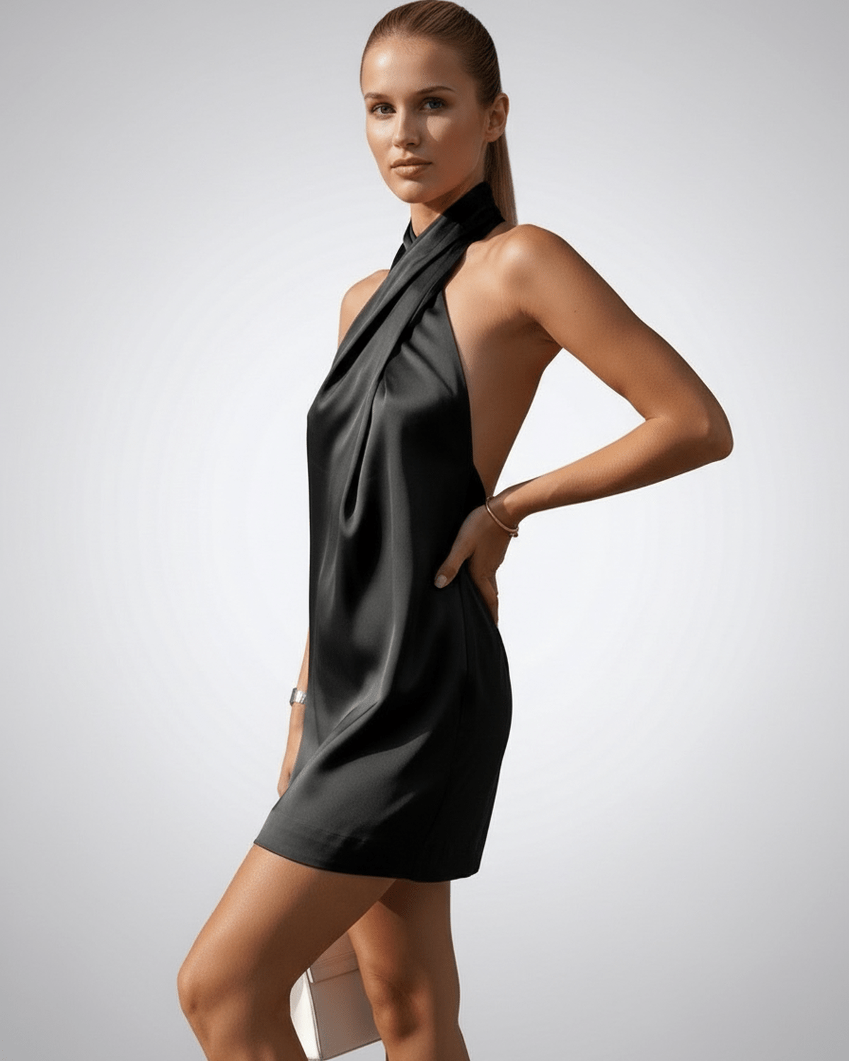Onyx Mini Dress by Lauven, featuring a black satin straight silhouette and halter neckline.