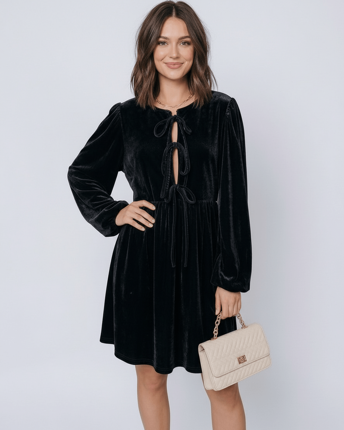 Onyx Mini Dress by Lauven - Black velvet princess dress with drawstring detail and long sleeves.