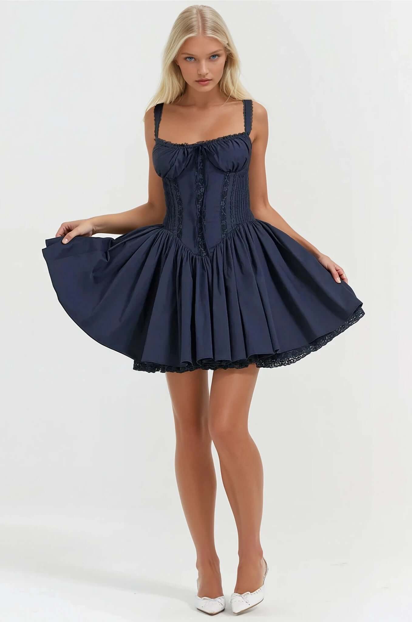 Elegant navy mini dress with lace details, perfect for weddings, parties, and formal occasions for women.