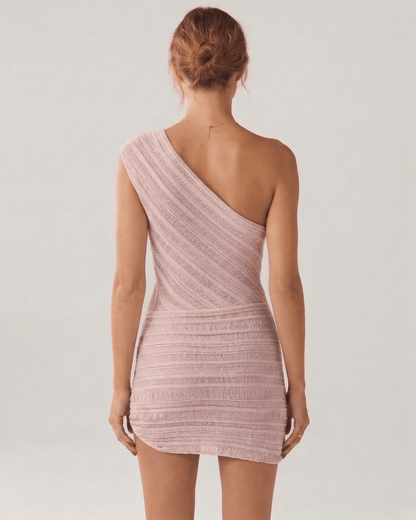 Blush Mini Dress by Lauven, elegant one-shoulder sheath style in delicate blush pink, back view showcasing its stylish fit.