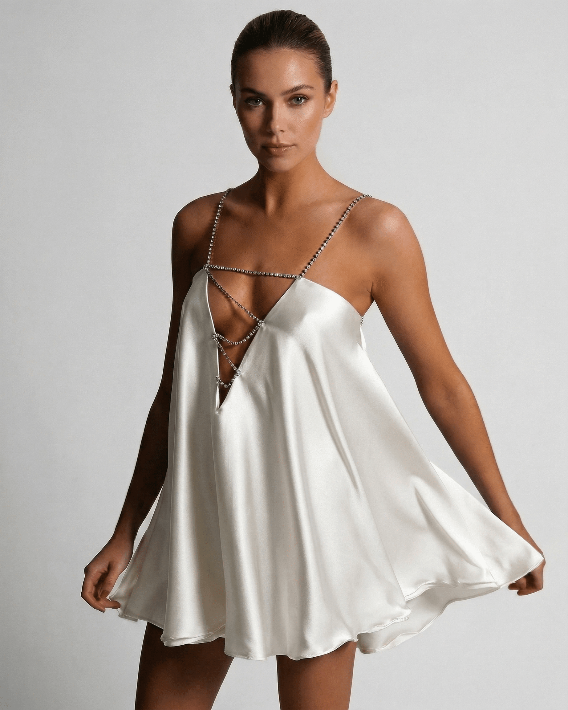 Alba Mini Dress by Lauven - Elegant satin A-line dress in ivory with rhinestone accents, perfect for summer occasions.