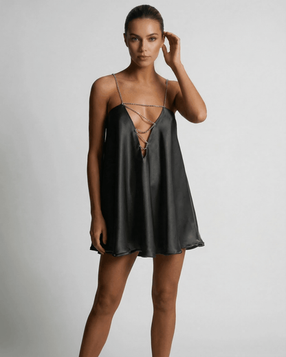 Midnight Mini Dress by Lauven features sexy A-line silhouette and V-neck, perfect for summer fashion.