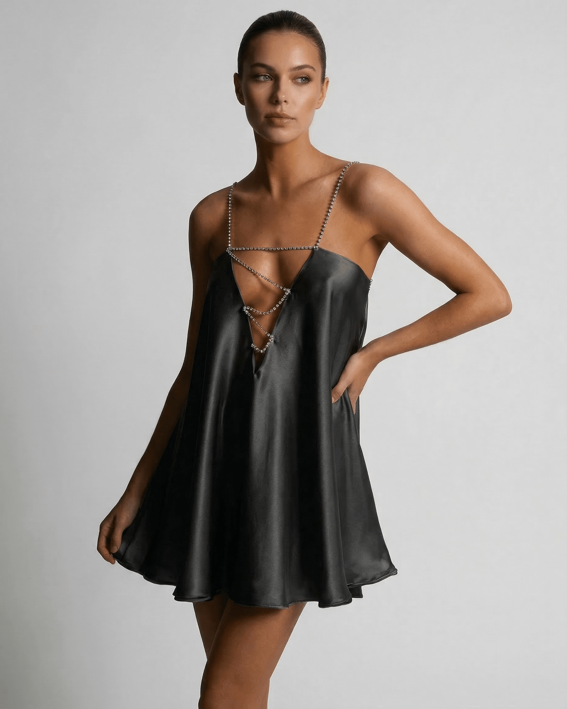 Lauven Midnight Mini Dress with sexy A-line silhouette and V-neck, perfect for summer styling.