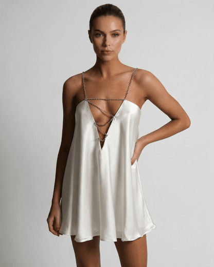 Alba Mini Dress by Lauven, elegant satin A-line mini dress with rhinestone accents in classic ivory.