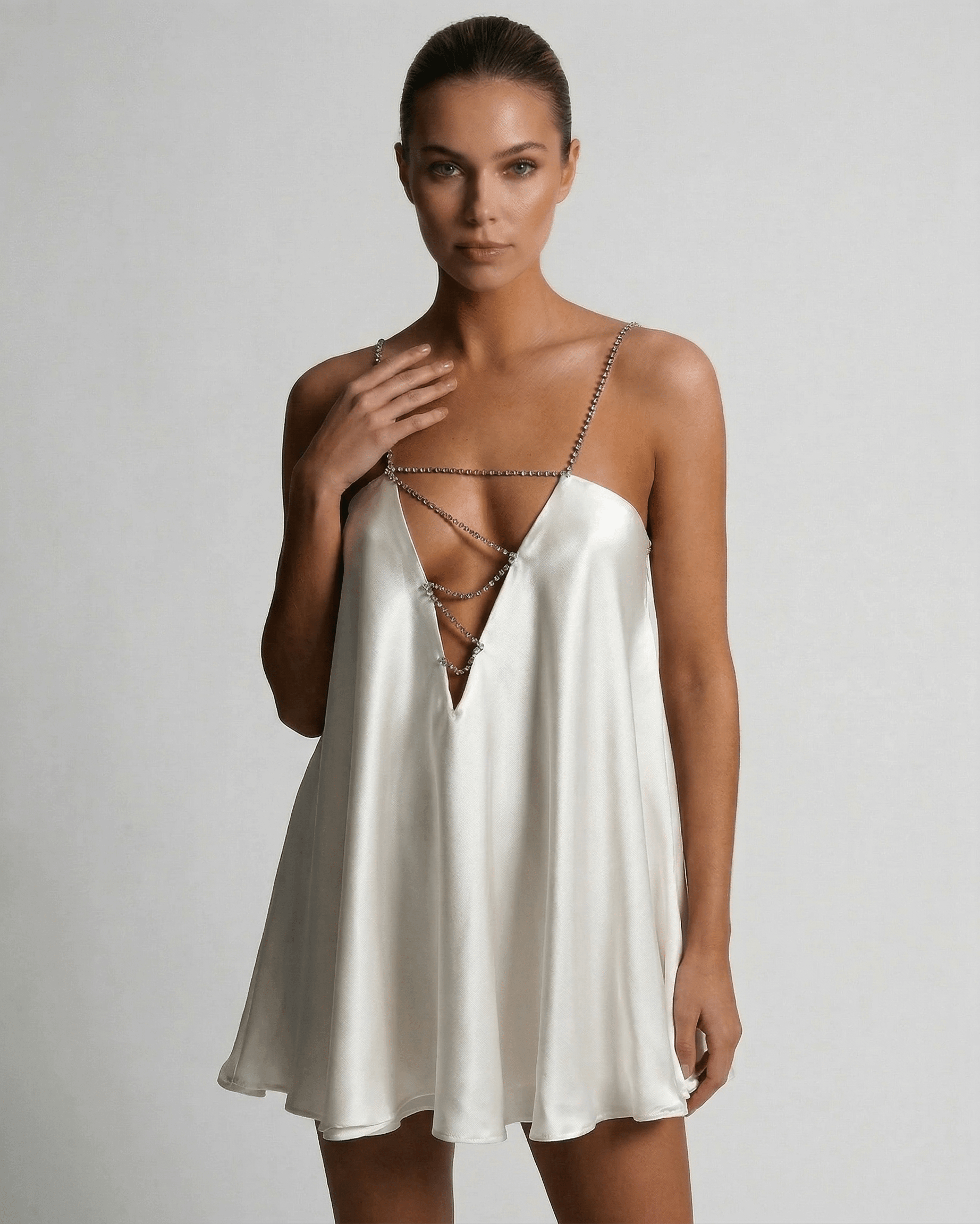 Alba Mini Dress by Lauven - Elegant satin A-line dress with rhinestone accents in classic ivory shade.