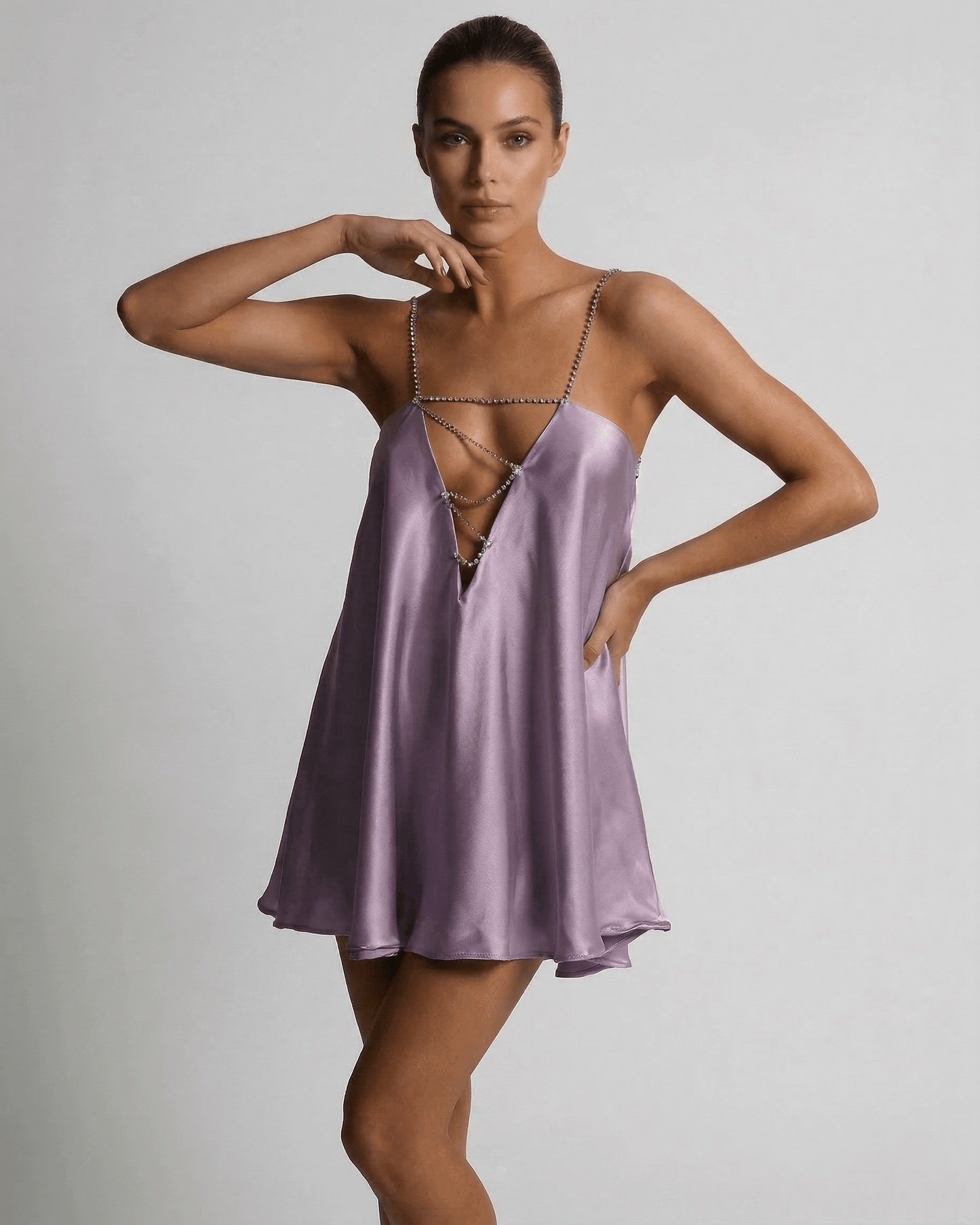 Lyra Mini Dress by Lauven in soft lilac satin with rhinestone detail, perfect for summer occasions.
