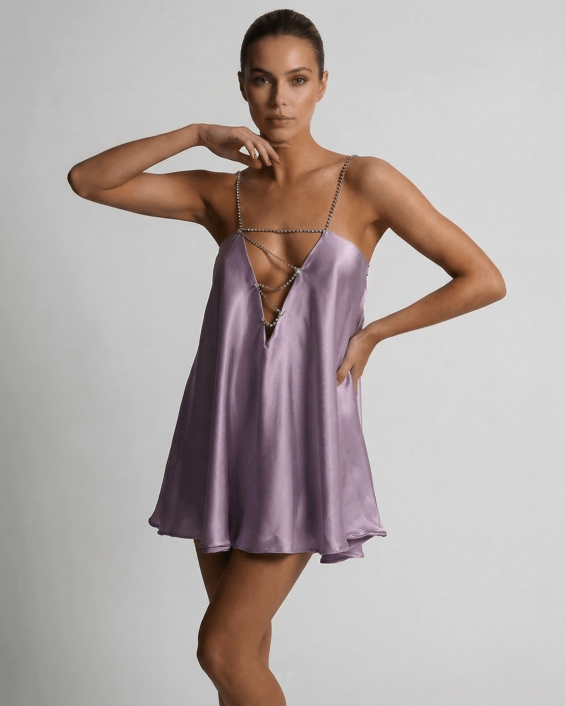 Lyra Mini Dress by Lauven in soft lilac satin with rhinestone detail, perfect for summer occasions.