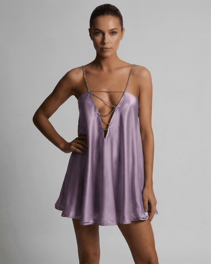 Lyra Mini Dress by Lauven in soft lilac satin with rhinestone detail, showcasing a stylish A-line silhouette.