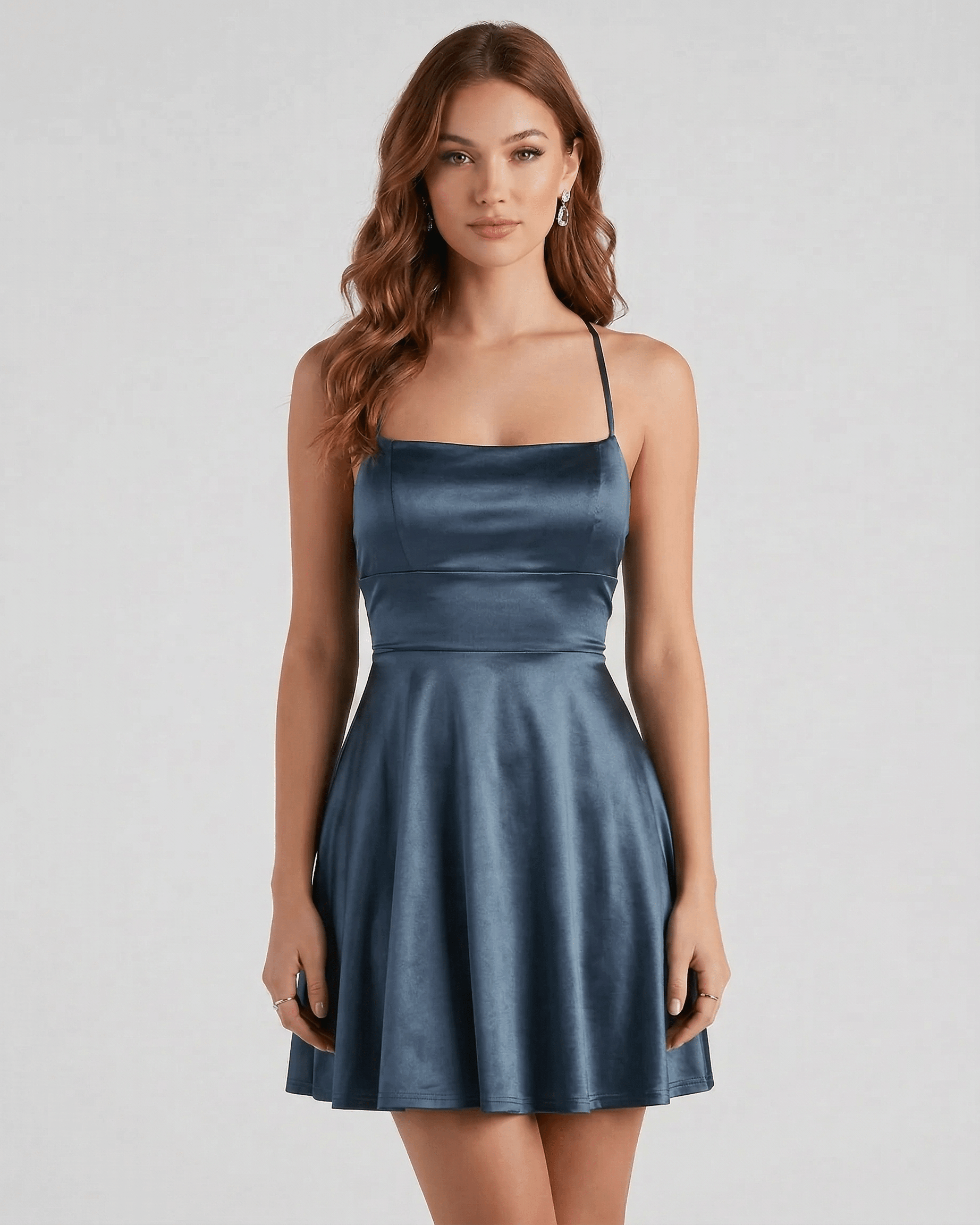 Steel Satin Mini dress by Lauven, featuring a structured bodice and flared skirt in deep steel blue.