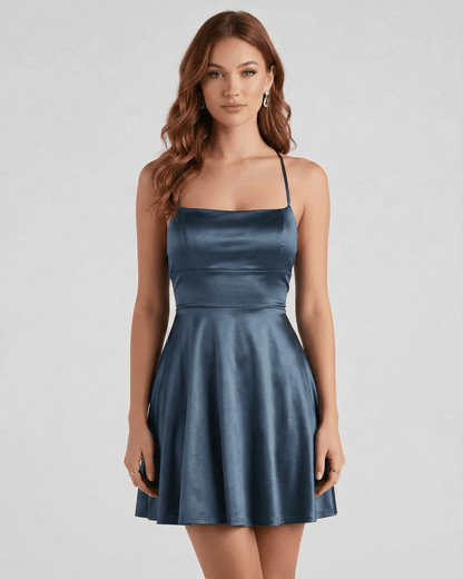 Steel Satin Mini dress by Lauven, featuring a structured bodice and flared skirt in deep steel blue.