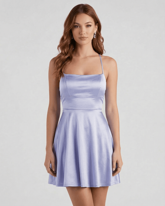 Lilac Satin Mini dress by Lauven featuring a fitted bodice and elegant A-line skirt in soft lilac satin.