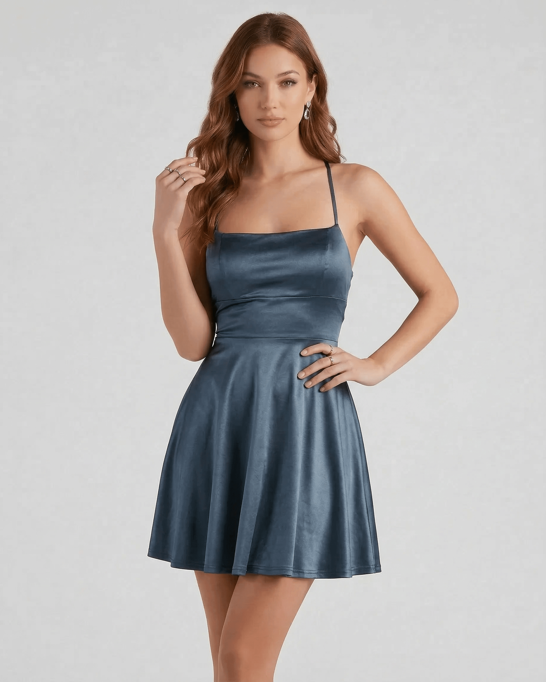 Steel Satin Mini dress by Lauven in deep steel blue satin finish, featuring a structured bodice and flared skirt.