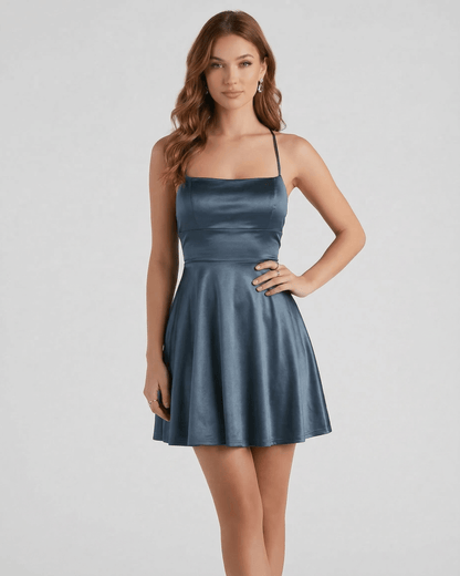 Lauven Steel Satin Mini dress in deep steel blue, featuring a structured bodice and flared skirt.