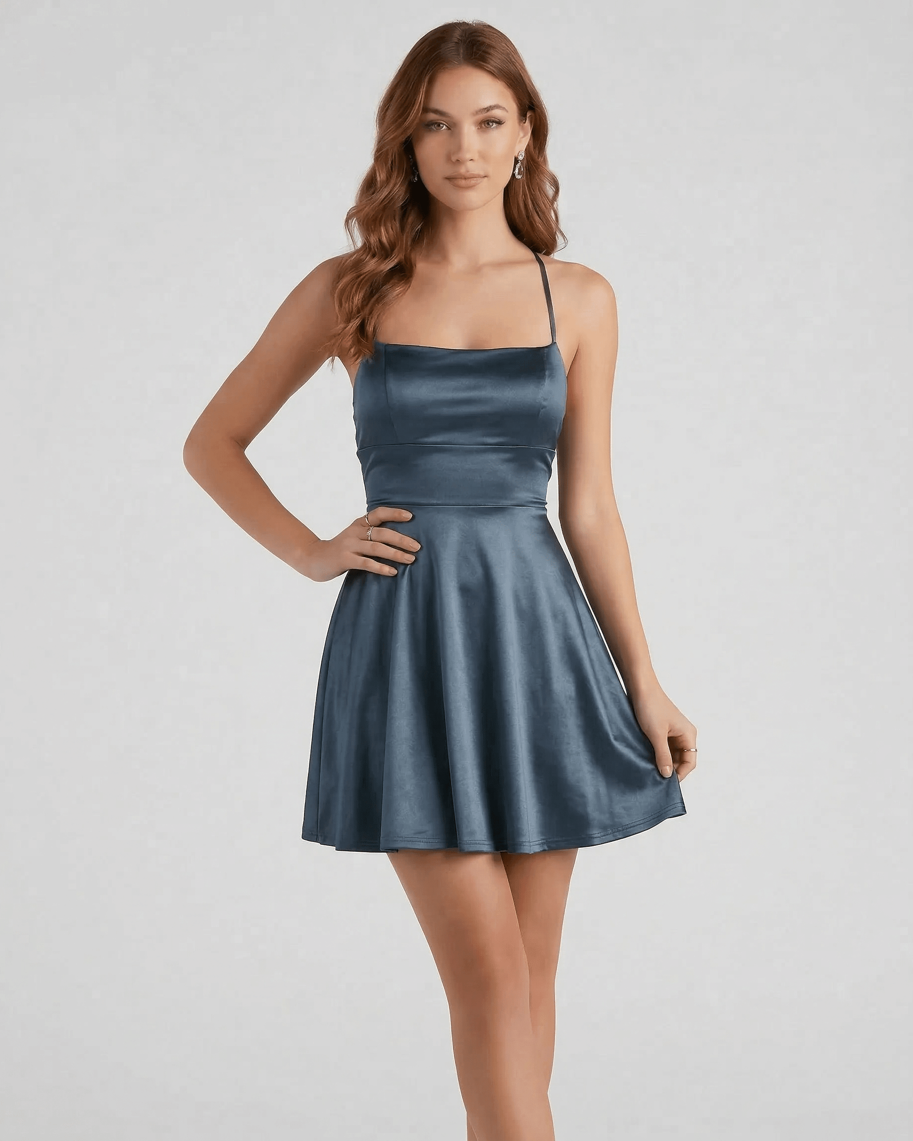 Steel Satin Mini dress by Lauven in elegant deep steel blue satin with a flared skirt and square neckline.