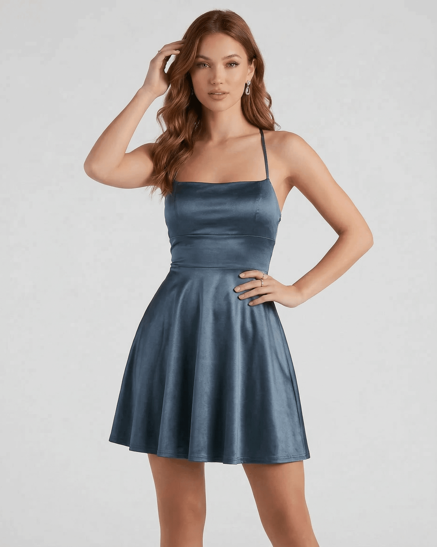 Steel Satin Mini dress by Lauven in deep steel blue with structured bodice and flared skirt.