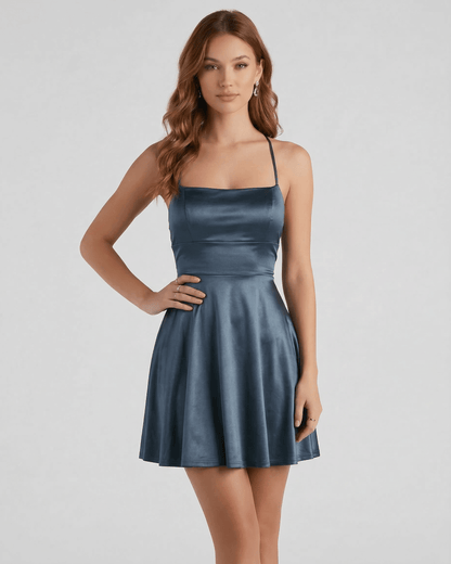 Lauven Steel Satin Mini dress in deep steel blue featuring a structured bodice and flared skirt.
