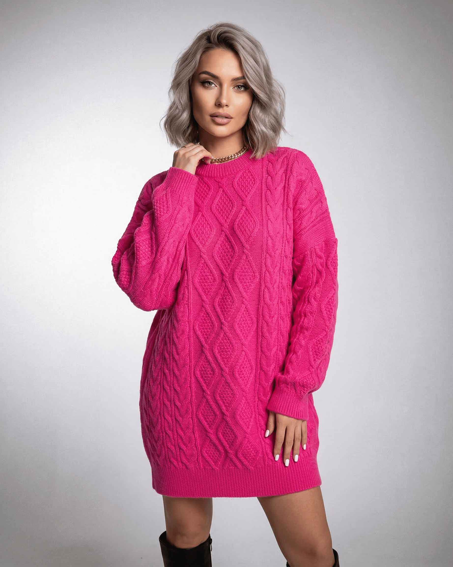 Luna Mini Dress by Lauven in vibrant pink cable knit with relaxed silhouette and ribbed trims.