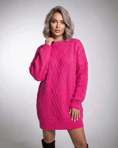 Luna Mini Dress by Lauven in vibrant pink cable knit with relaxed silhouette and ribbed trims.