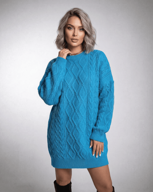 Azure Mini Dress by Lauven featuring bright blue cable knit fabric and relaxed fit.