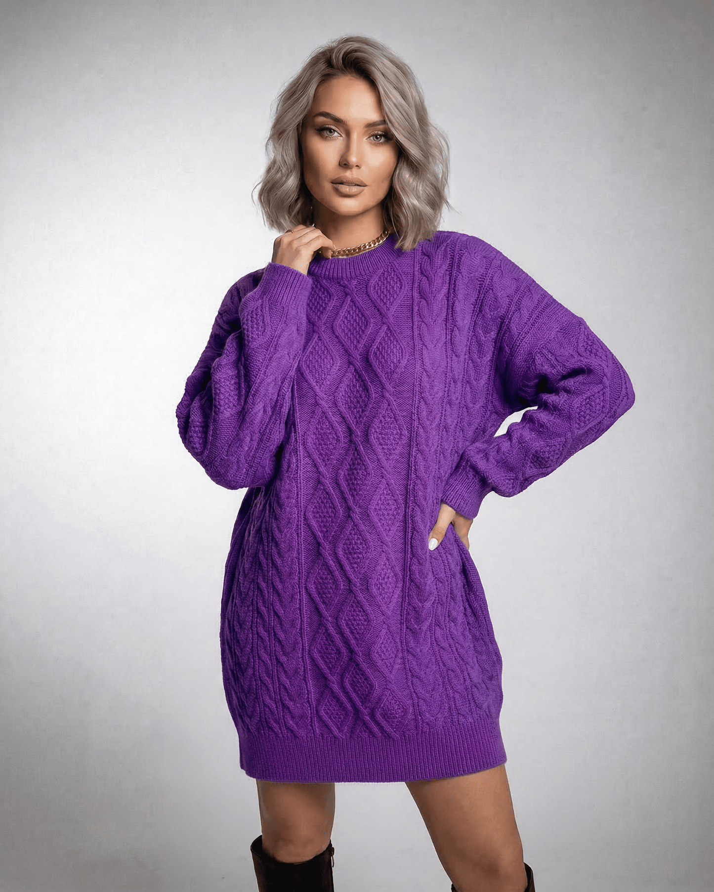Violet Mini Dress by Lauven in rich purple cable knit with relaxed fit and dropped sleeves.
