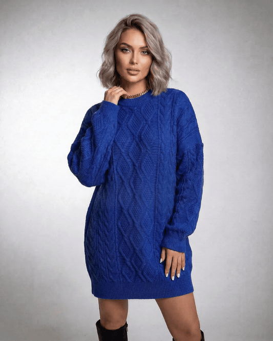 Royal Mini Dress by Lauven in deep blue cable knit featuring a relaxed fit and long sleeves.