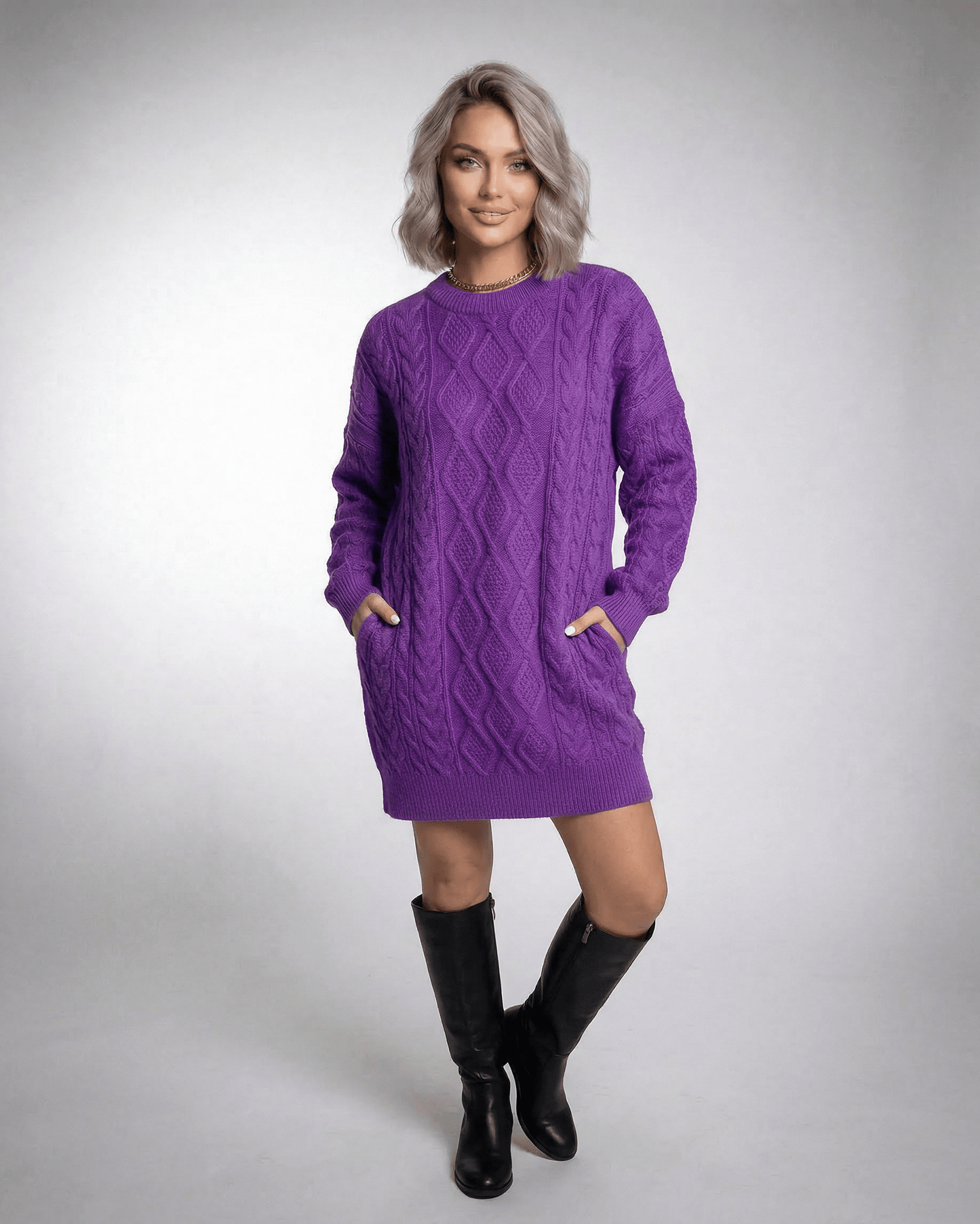 Violet Mini Dress by Lauven, rich purple cable knit, featuring dropped long sleeves and a relaxed silhouette.