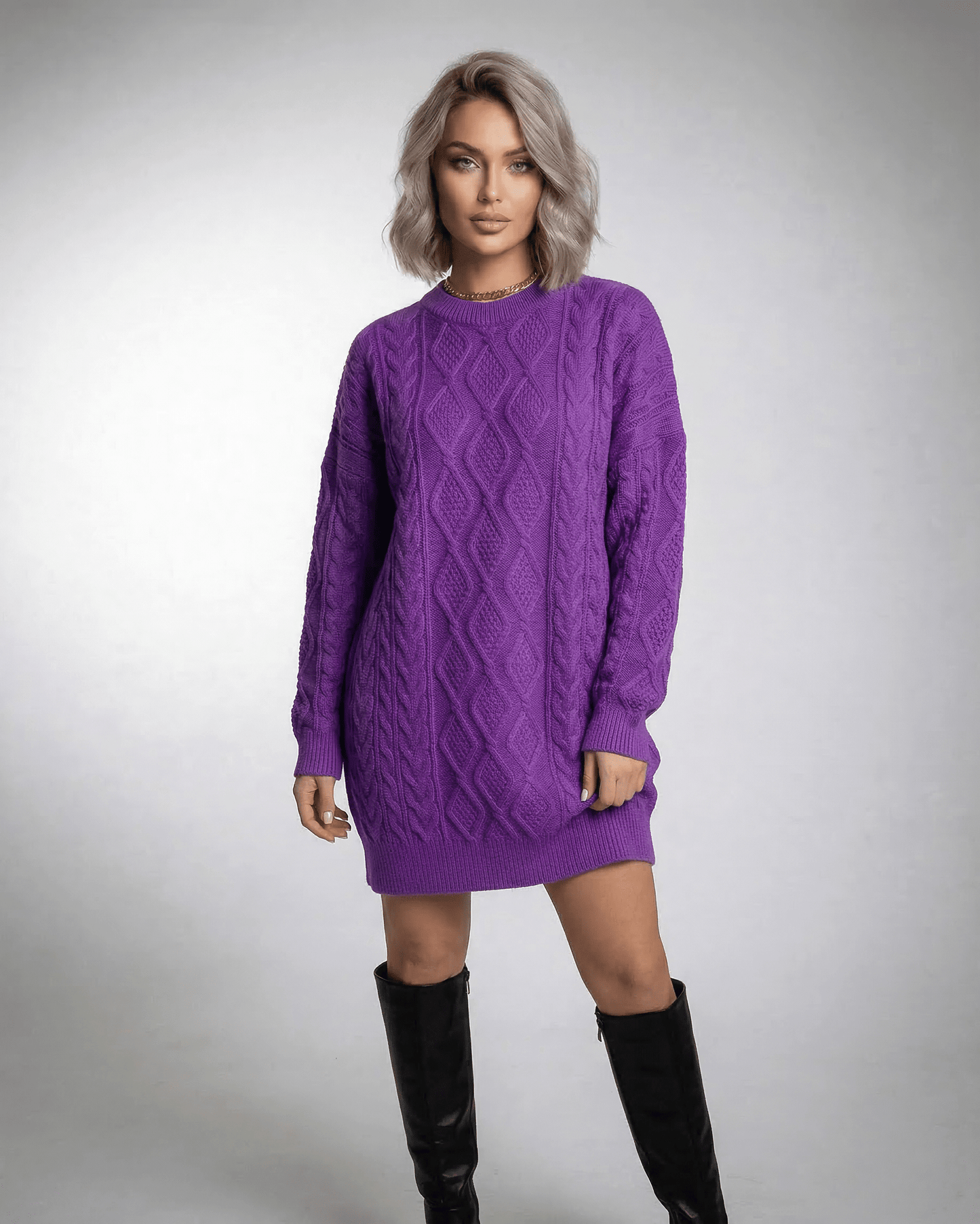 Lauven Violet Mini Dress in rich purple cable knit, showcasing a relaxed fit and ribbed trims.