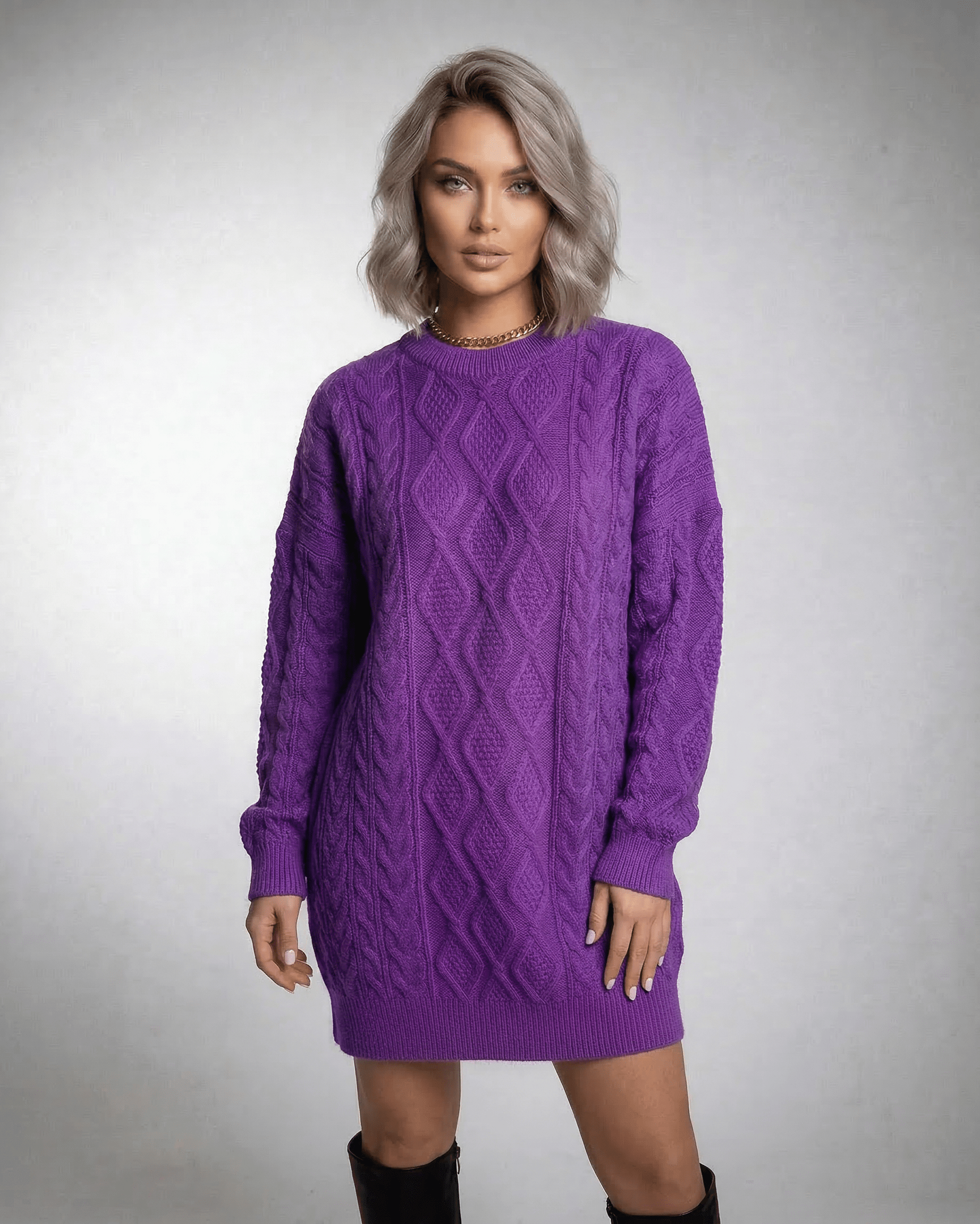 Violet Mini Dress by Lauven in rich purple cable knit with a relaxed fit and ribbed trims.