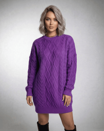 Violet Mini Dress by Lauven in rich purple cable knit with a relaxed fit and ribbed trims.