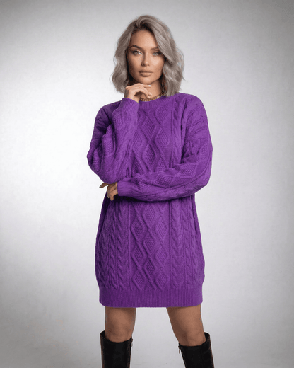Violet Mini Dress by Lauven in rich purple cable knit, showcasing a relaxed fit and timeless crew neckline.