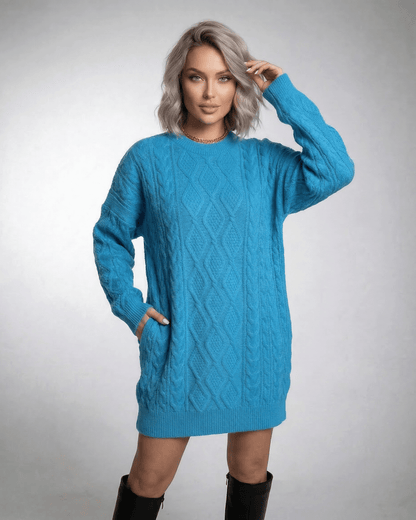Azure Mini Dress by Lauven in bright blue cable knit with long sleeves and relaxed fit.