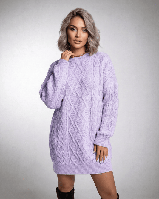 Lilac Mini Dress by Lauven, cozy lavender cable knit with long sleeves and relaxed fit for comfy elegance.