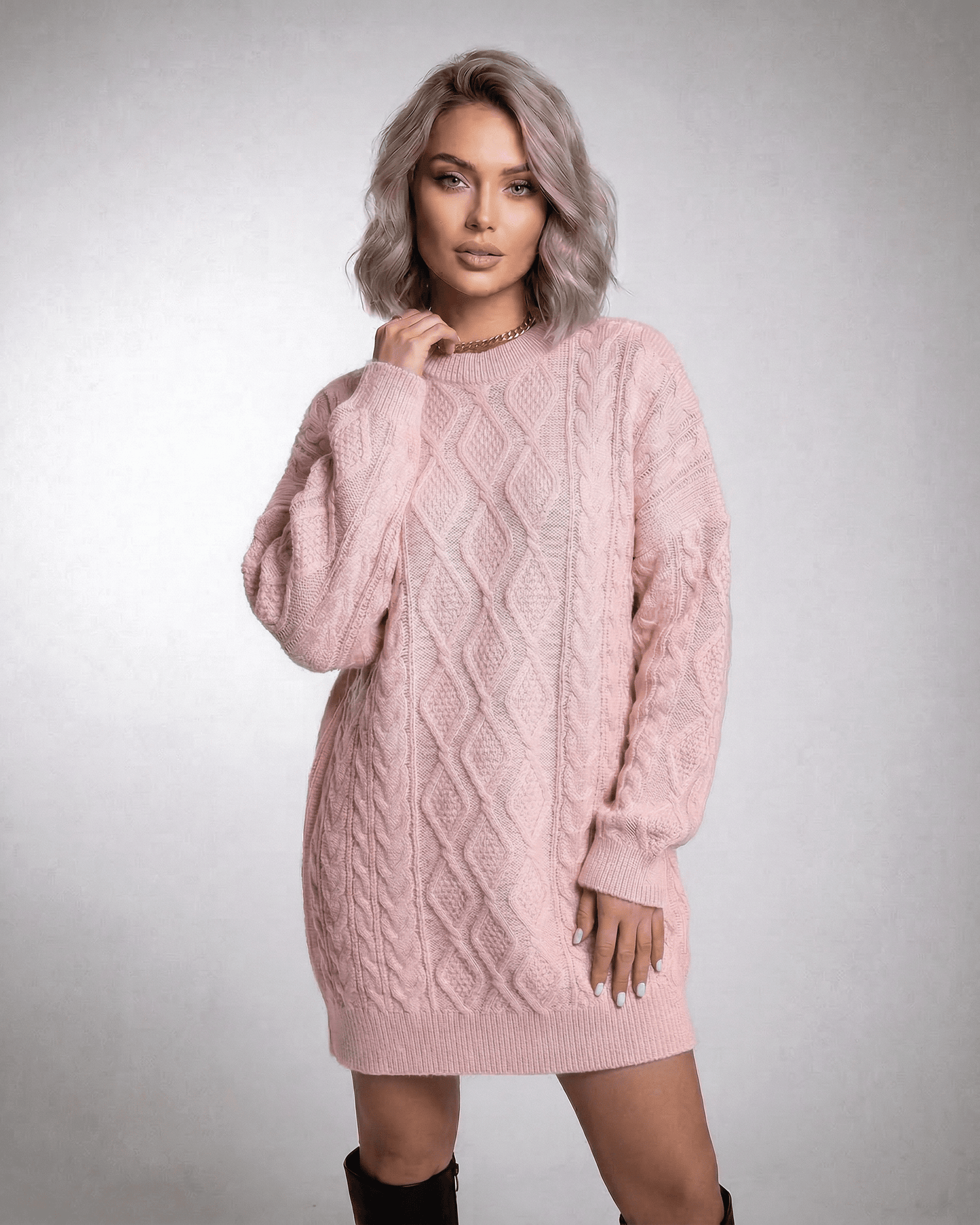 Blush Mini Dress by Lauven in soft pink cable knit featuring relaxed fit and ribbed trims.