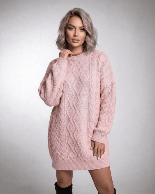 Blush Mini Dress by Lauven in soft pink cable knit featuring relaxed fit and ribbed trims.