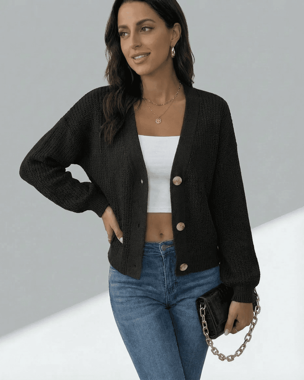 Orion Cardigan by Lauven, featuring a long sleeve V-neck design and button-front in a chic black knit.