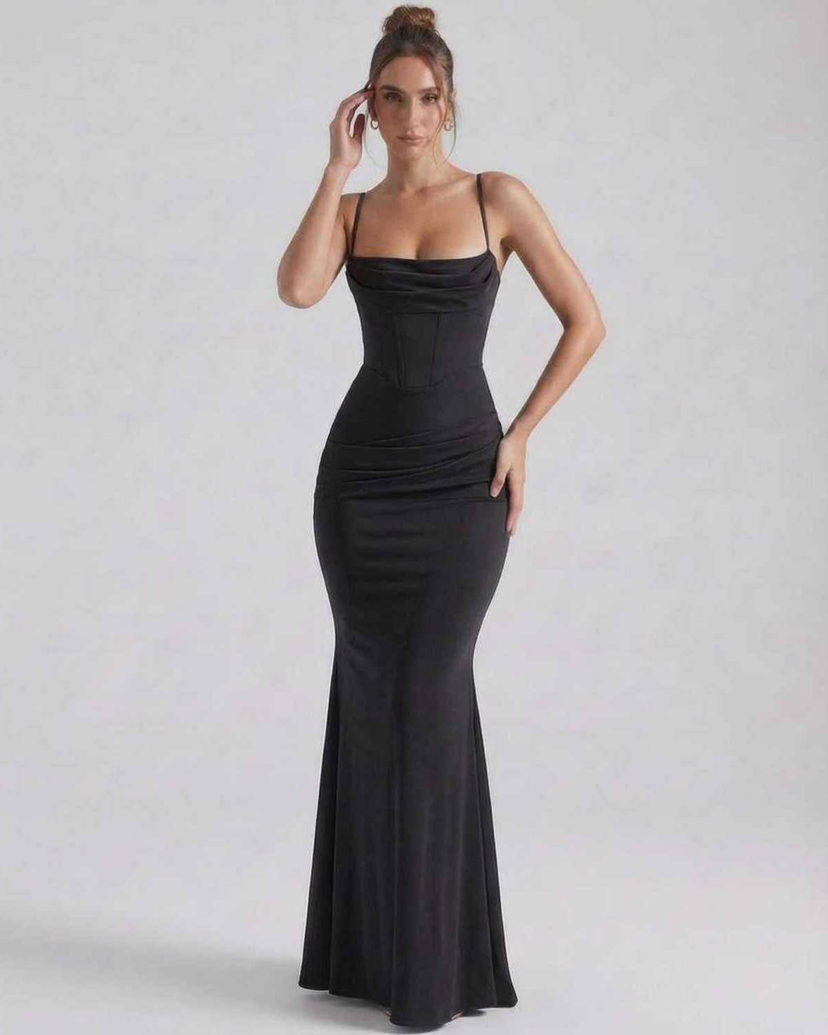 Orion Maxi Dress by Lauven, elegant sheath silhouette, sleek spaghetti straps, refined black fabric, eveningwear.