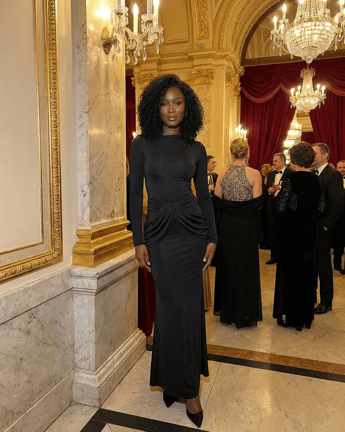 Orion Maxi Dress by Lauven, showcasing long sleeve crew neck silhouette with ruched high waist detail in elegant setting.