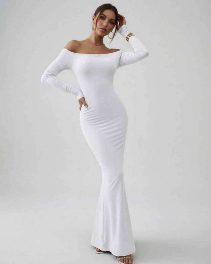 Lauven Orion Maxi Dress in sleek off-shoulder design, showcasing premium stretch fabric in elegant white.