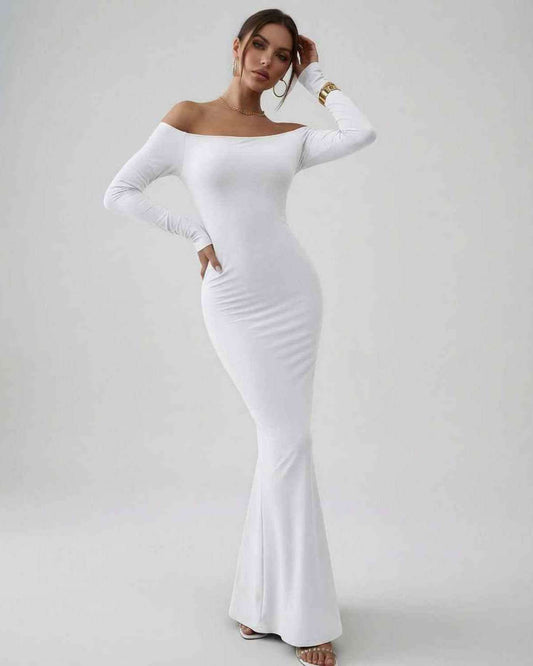 Lauven Orion Maxi Dress in sleek off-shoulder design, showcasing premium stretch fabric in elegant white.