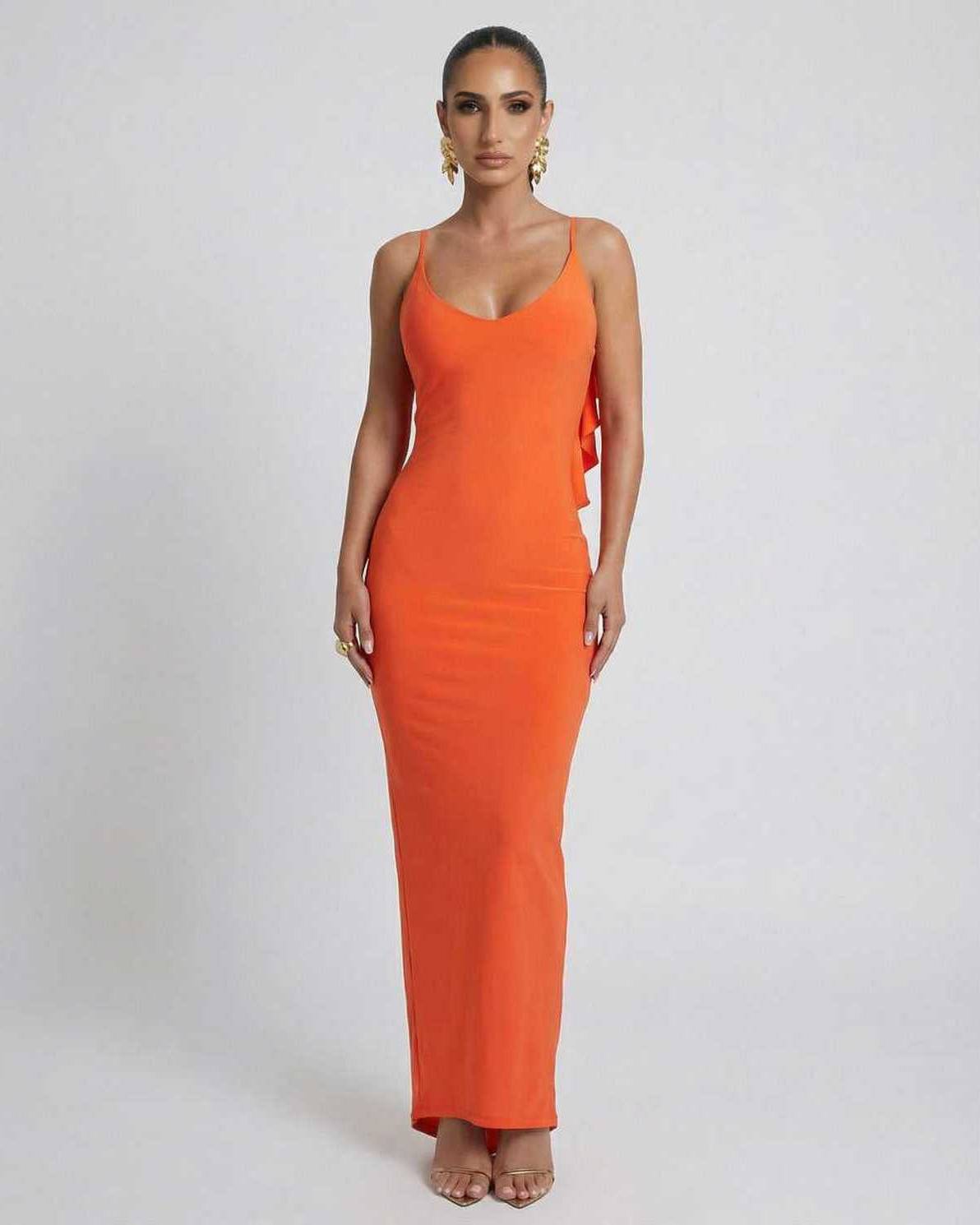 Orion Maxi Dress by Lauven: Sleek orange sleeveless bodycon silhouette, perfect for modern fashion occasions.