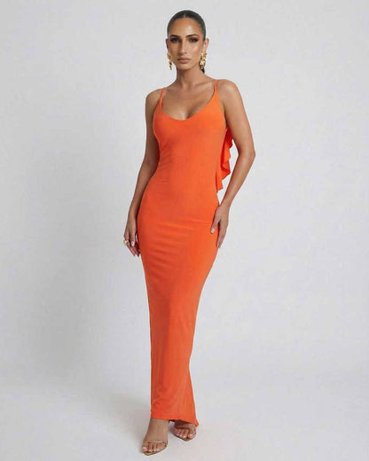 Orion Maxi Dress by Lauven, vibrant orange sleeveless bodycon silhouette for modern fashion-forward occasions.