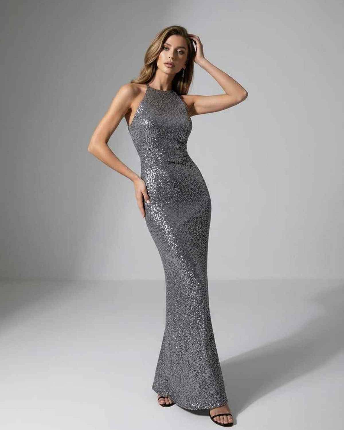 Orion Maxi Dress - Silver Sequin Maxi Dress with Halter Neck by Lauven, showcasing elegant evening silhouette.