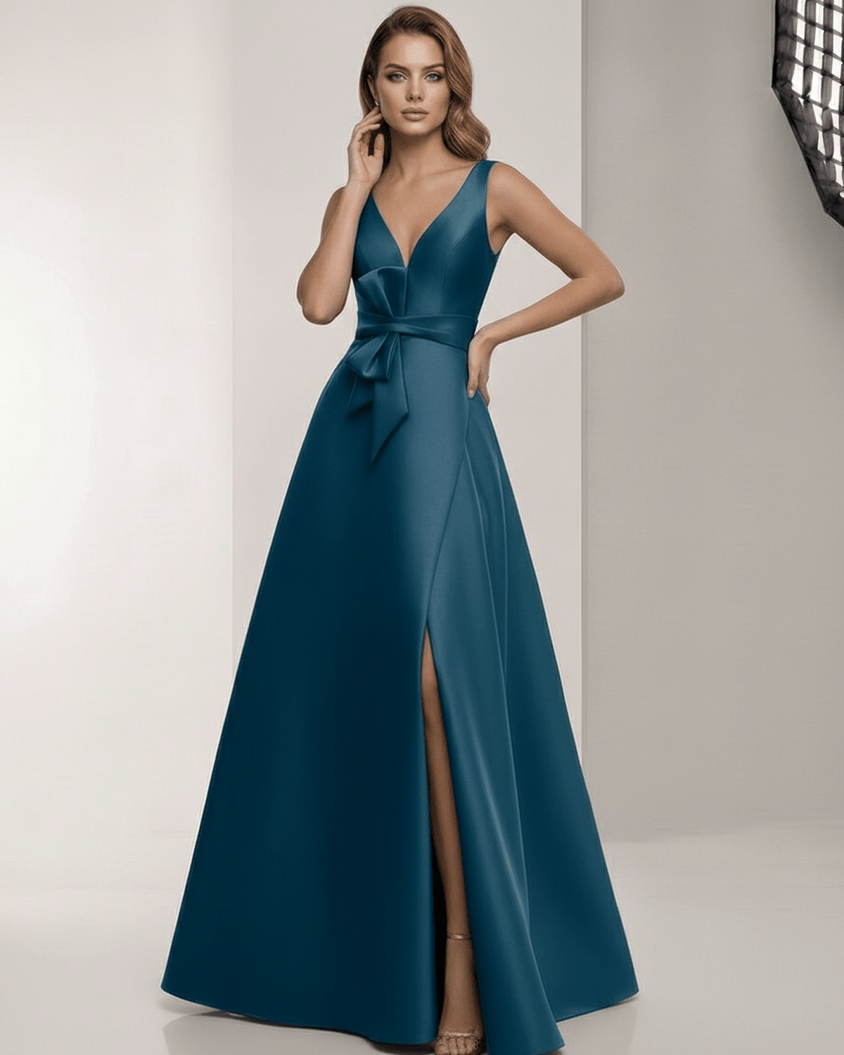 Orion Maxi Dress in teal satin with V-neck and bow detail, perfect for elegant occasions by Lauven.