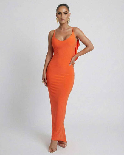 Lauven Orion Maxi Dress in sleek orange, sleeveless with bodycon fit for modern fashion-forward occasions.